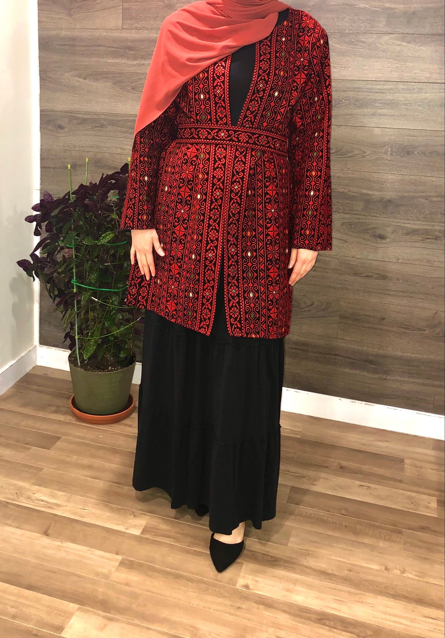 Long Modern Palestinian Tatreez Jacket with belt