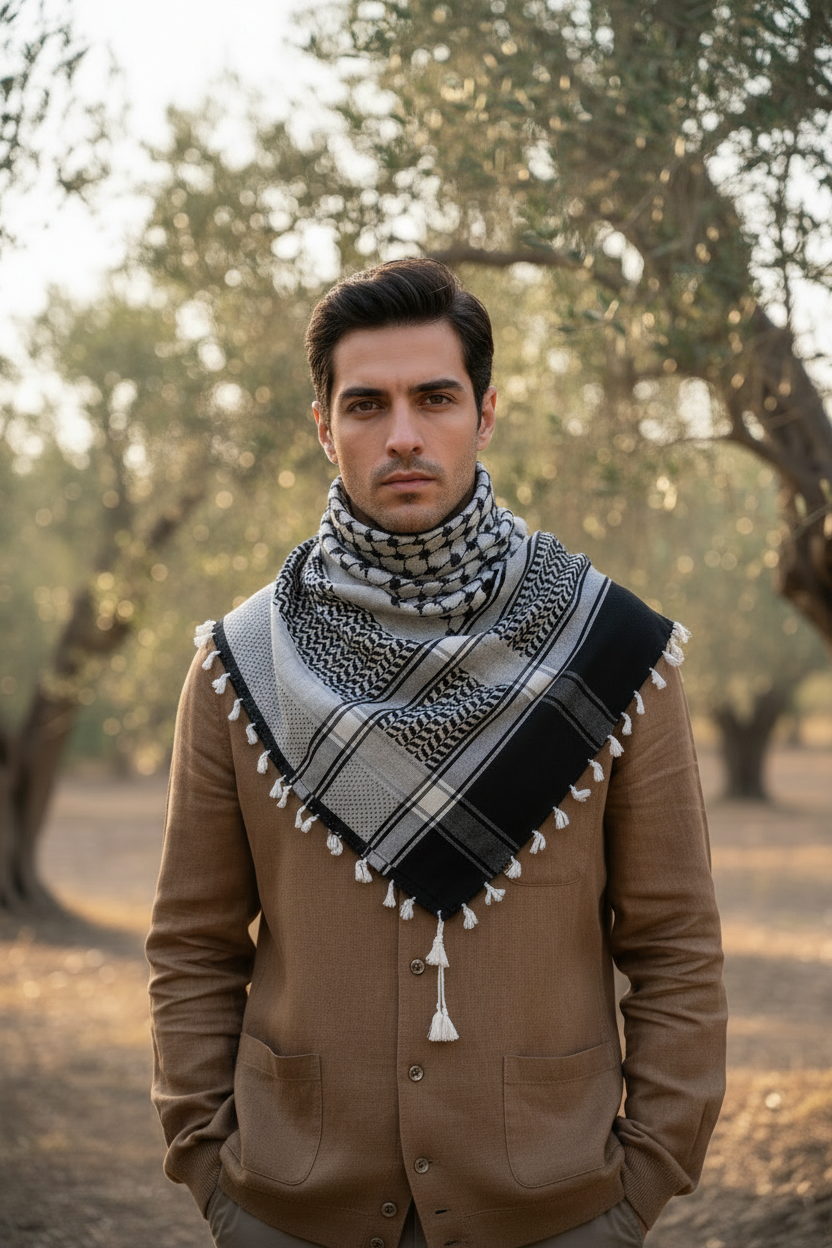 Reversible Two-Tone Black Cotton Kuffiyeh with Tassels