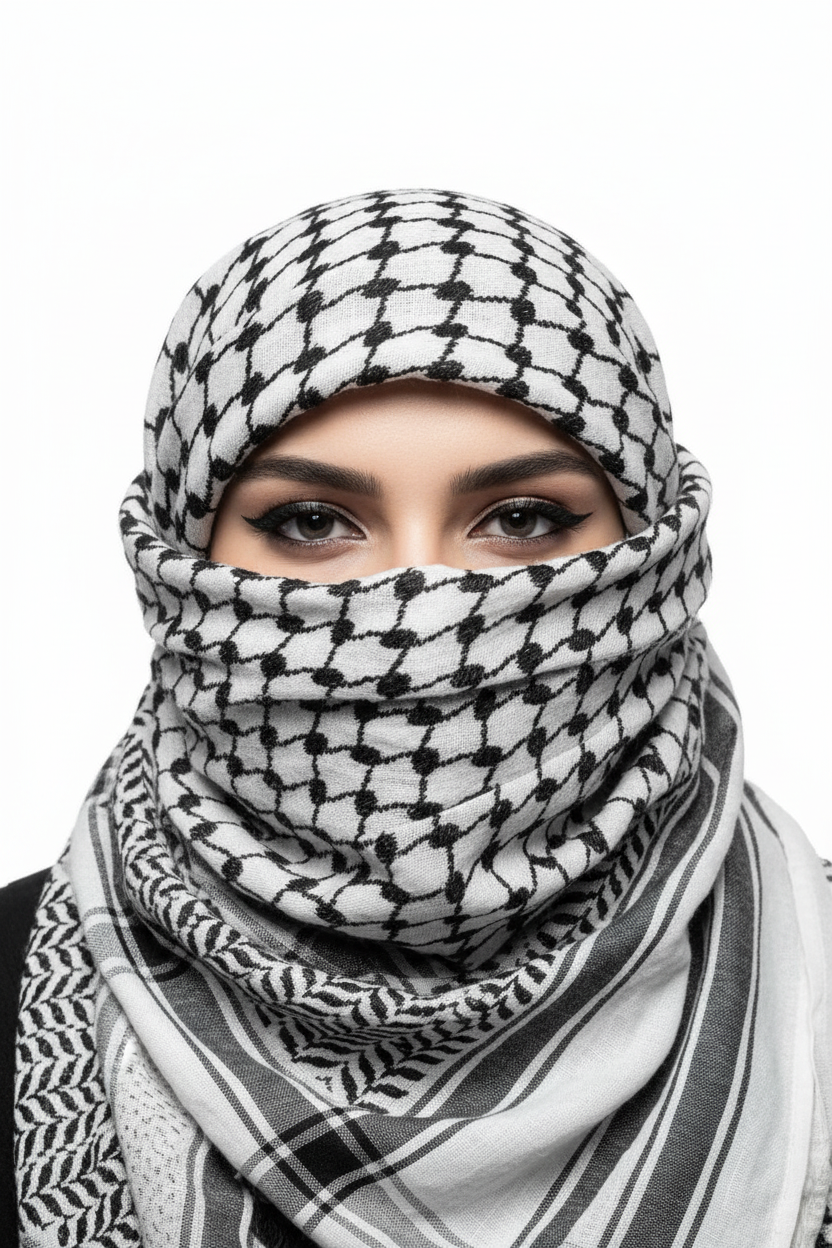 Reversible Two-Tone White Cotton Kuffiyeh with Tassels
