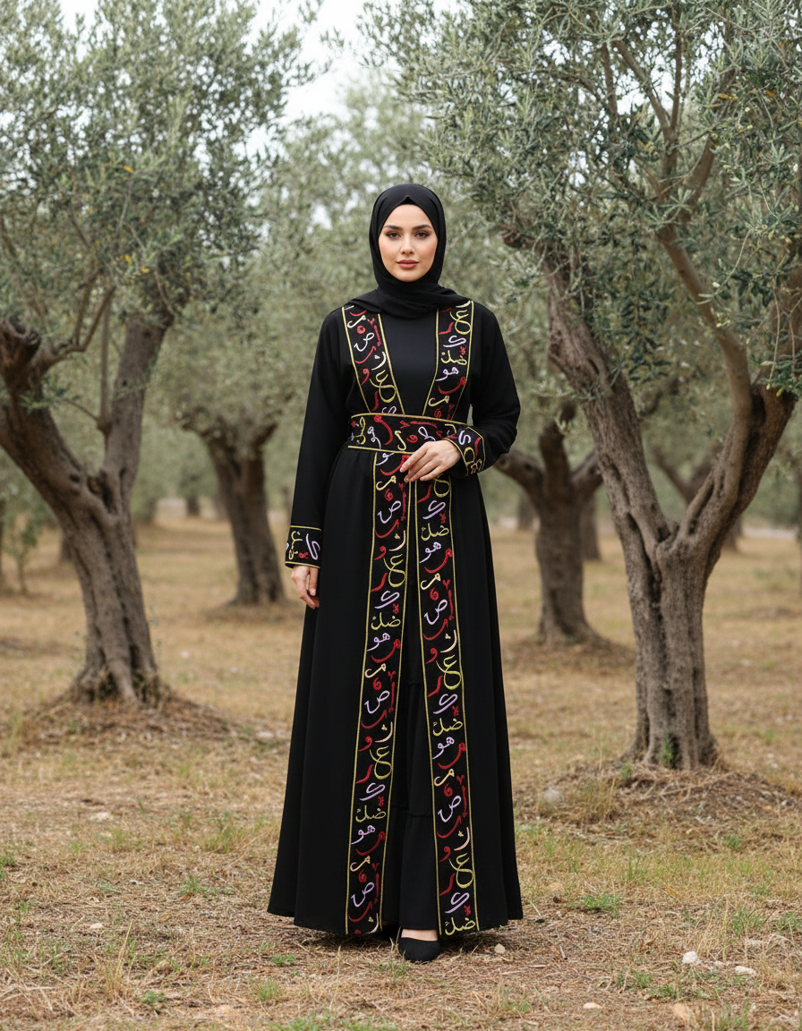 Arabic Alphabet Tatreez Abaya with Belt