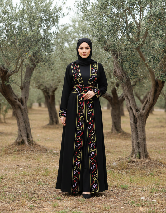 Arabic Alphabet Tatreez Abaya with Belt