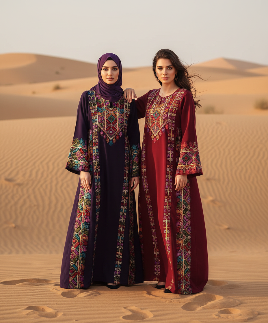 Falahi Dresses - one model with hijab, one without