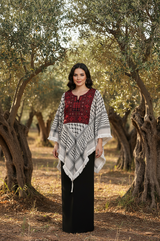 Model in Tatreez outfit with olive grove background